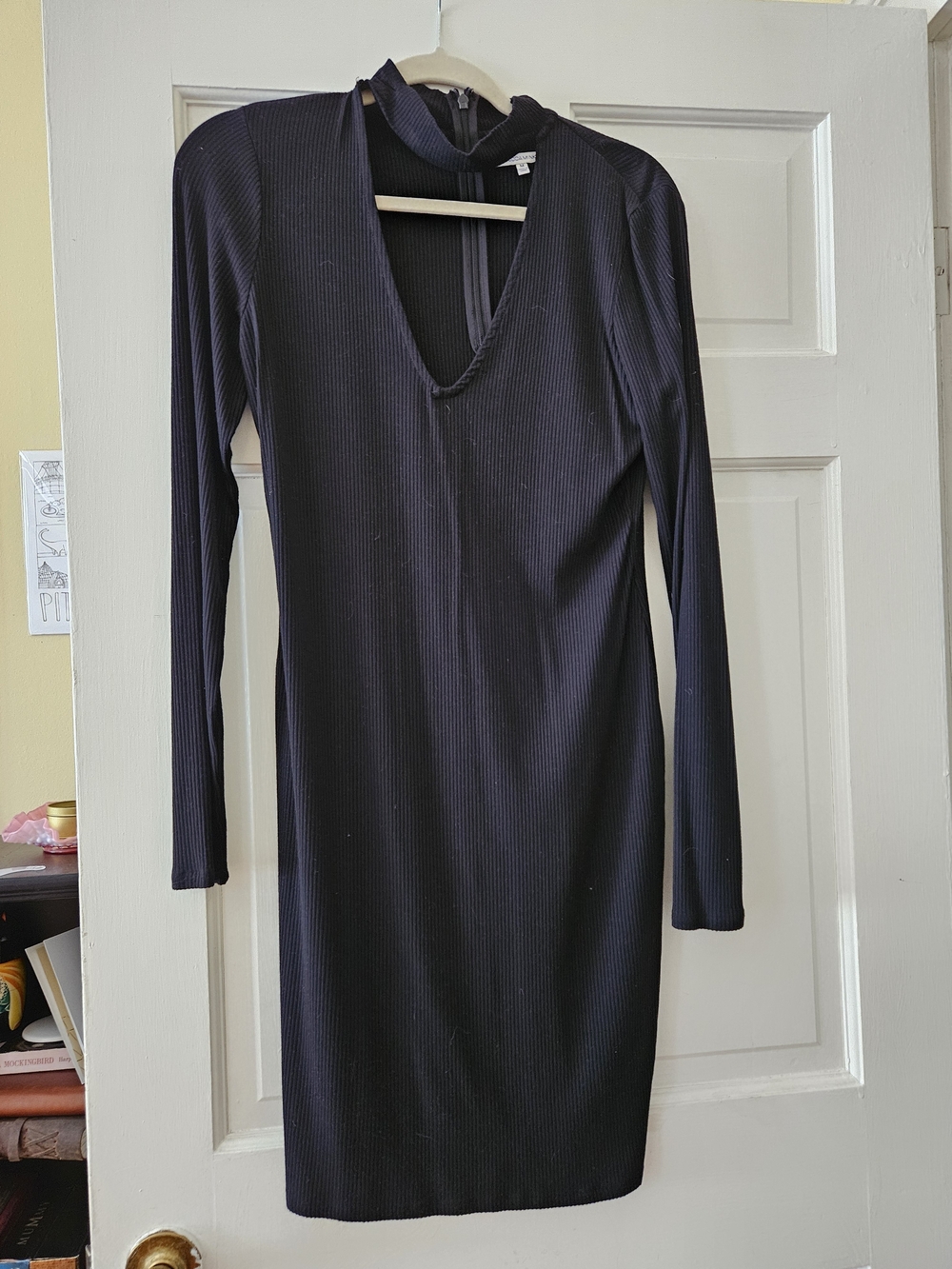 Rebecca Minkoff Black Ribbed Long Sleeve Midi Dress with Choker Detail